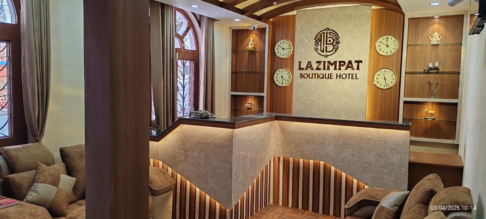 Elegant lobby and garden area at Lazimpat Boutique Hotel